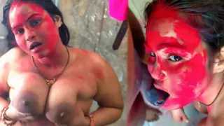 Holi Special: Stepdad Fucks Horny Stepdaughter in Bathroom with Red Gulal All Over Her Big Tits
