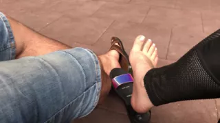 Outdoor sandals dangle & tease with alpha! Dirty feet fetish!