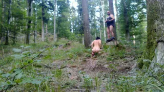 Brunette mature gets completely naked and gets washed with piss