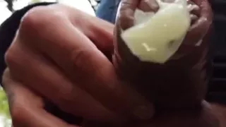 Boy Walks with Cum Filled Condom on His Uncut Dick After Fuck Outdoor