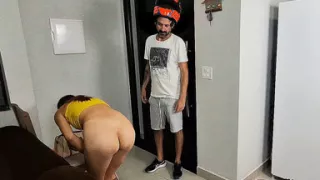 Alone Girl Wearing Only a Bath Towel Receives Delivery Boy!