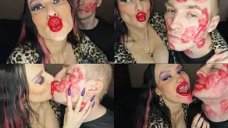 Juicy Sticky Loud Aggressive Kisses All Over a Guy's Face with Red Lipstick