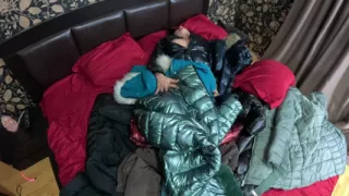Shiny Downjacket Fetish MILF. Multiple Jackets, Rough Fuck and Cum All Over My Coat