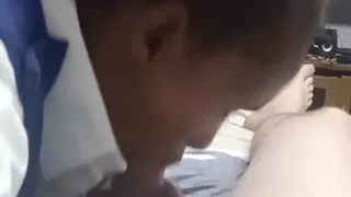 Black girl sucks white cock he jerks off & come on her delicious ass