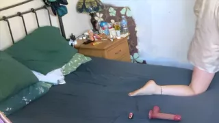 builders let themselves in through back gate and look in through the open window while she's nude and masturbating
