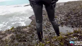 Rubbery Beach Encounter: Lucy's Neoprene Pussy Play with Stranger