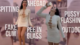 Outdoor Pussy Flashing, Pee in the Glass, Spit, Ahegao, Fake Cum on My Tits & Body