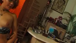 Brunette slut is rubbing  her snatch at the casting