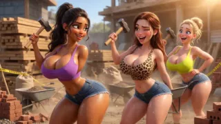 Three hot voluptuous lesbian construction babes share steamy threesome after long hard work day (AI generated)
