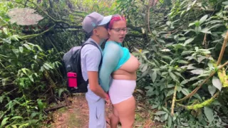 Chubby with glasses training in the woods lets a stranger rip her pants