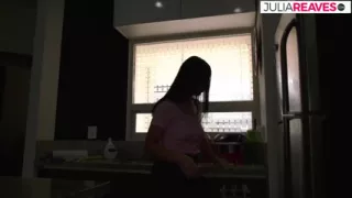 Horny MILF enjoys rubbing her clit on the kitchen floor