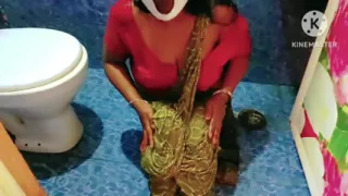 Desi Horny Girl Bathing in a Seductive Way with Saree and Red Blouse - Must See Full Video