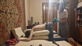 Russian beautiful girl fucking a slave with long big anal dildo submission man amateur homemade Sasha Earth