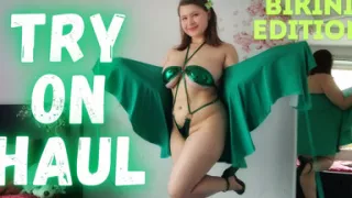 Try on Shiny Green Micro Bikini Beach Walk on Treadmill with Countdown