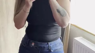 Masturbating with a Huge Black Cock in a Denim Miniskirt