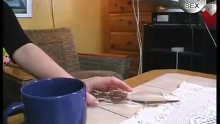 Big boobed brunette fingering pussy before giving a blowjob