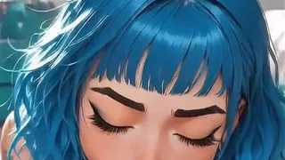 Alternative blue-haired AI girl gives a blowjob and gets cum in her mouth