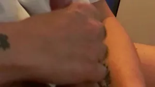 Big load of cum after a quick handjob watching tv together
