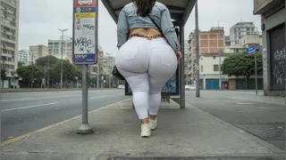 "Thick Masked BBW Strips White Pants to Tiny White Thong at Bus Stop"