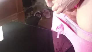 Sissy in Pink Fishnets Moans as She Dribbles Her Cum All Over the Table Phonecam Version