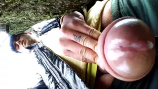 Close up Cum Behind Tree in Park and Rubbing Cum on Camera Lens with Glans