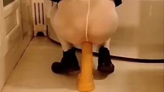 Dildo Riding in the Bathroom Wearing an Open White Pantyhose