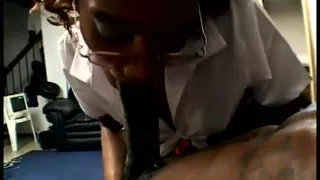 Black girl in college outfit rides big black cock and takes a load on her face