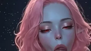 Pink-haired AI elf gives a blowjob, does a titjob, rides cowgirl-style, and ends up with cum dripping from her mouth