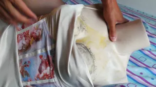 Pleasuring my Cock on a Slutty cream Satin Dress