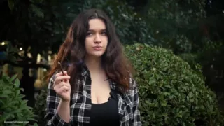 Sweet and Busty Russian Babe Smoking Cigarette in Nature