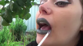 Covering Alex with khaki shiny lipstick kisses all over his face outdoor! + Little tongue play!