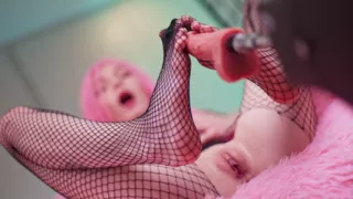 Cutie in Fishnets Doing a Footjob with Fuckmachine