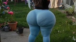 Big Ass Neighbor in Tight Light Blue Leggings and Blue Thong in the Patio