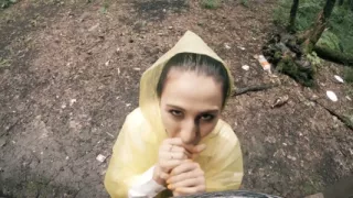 Black Lynn in Yellow Raincoat Sucking Cock in the Woods - Outdoor Blowjob and Cum in Mouth