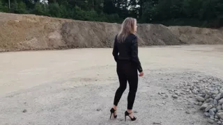 Grandma Is Walking Around a Gravel Pit in Tight Leggings and High Heels!