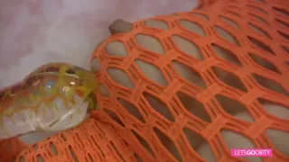 Brunette with sex toy is pleasing her pussy, all in fishnets