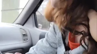 brunette teen girlfriend deepthroats big dick in the car , and takes cum in mouth