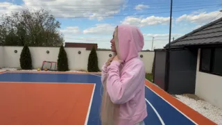 She wanted to throw the ball into the hoop, but it all ended with cum on her ass.