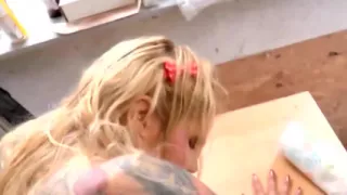 Sexy Blonde with Big Tits with Tattoo Gets Fucked Hard in the Workshop by a Hard Cock