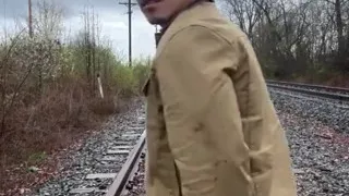 Rain-soaked Railroad Exhibition Muscular Asian Hunk Strips, Flexes, Cums Hard & Marks His Territory