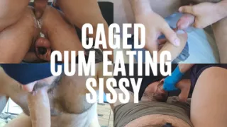 Caged Sissy Fucked in Chastity Deepthroats Own Cum