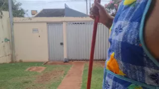 Hotwife Cleaning the Yard in Just an Apron and Slutty Panties