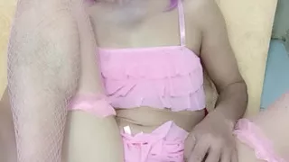 Oanh Le transgender wearing sexy porn clothes playing anal with an artificial cock is happy