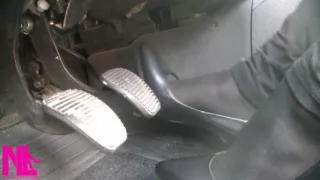 Pedal Pumping in Black Pantyhose and Grey Patent High Heels