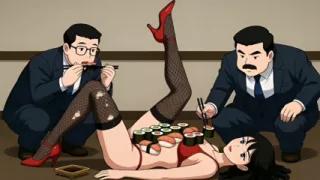 Sushi Girl: Rich Guys Eat Food off a Sexy Slut's Body and Then Fuck Her