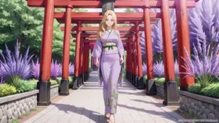 Blonde in Lavender! Kneeling Barefoot Under the Red Torii Gate, Her Andouf Fluttering in the Breeze