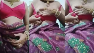 Indian Gay Crossdresser Bottom Gaurisissy Pressing and Playing with Her Big Boobs in Purple Saree with Heavy Jwellery