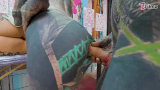 Anal Threesome During Tattoo Session