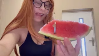 Giantess Stepsister Eats Watermelon and Tiny Stepbrother Watches Her Eat Watermelon Deliciously Then Giantess Stepsister