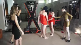 Mistresses coercing their slaves to crossdressing and gay blowjob